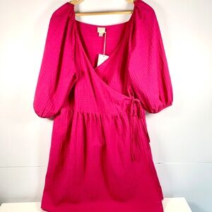 Casual boho magenta pink v-neck puff short sleeve wrap gauze midi dress romantic
